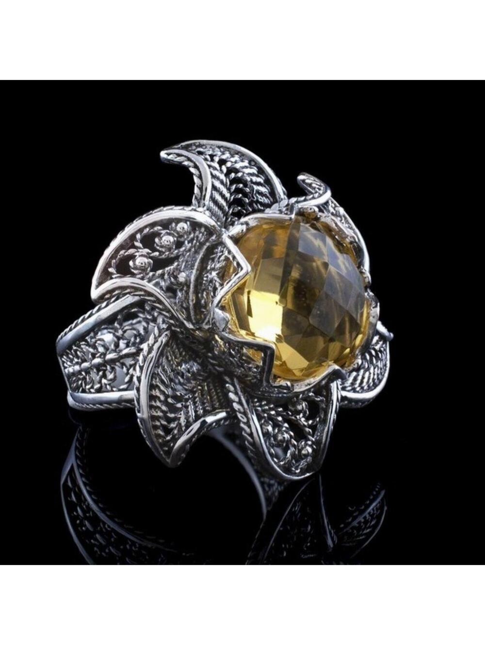 Art Lotus Flower Citrine Gemstone Women Silver Ring